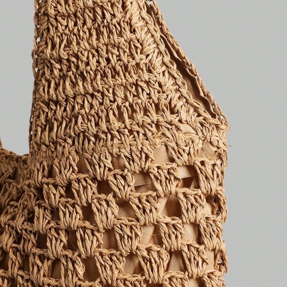 Hollow Straw Wovan Shoulder Bag Large Brown - Picture 5 of 5